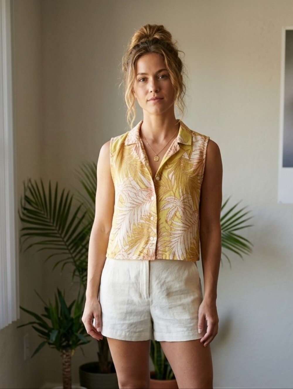 Tahari Yellow Leaf-Print Tank Top 100% Linen